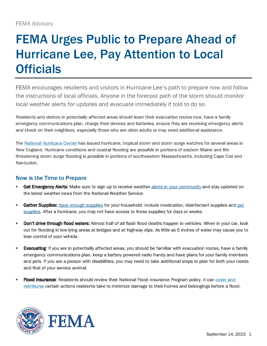 FEMA Advisory 09 14 23 - page 1