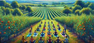 painting of people doing yoga in an orchard